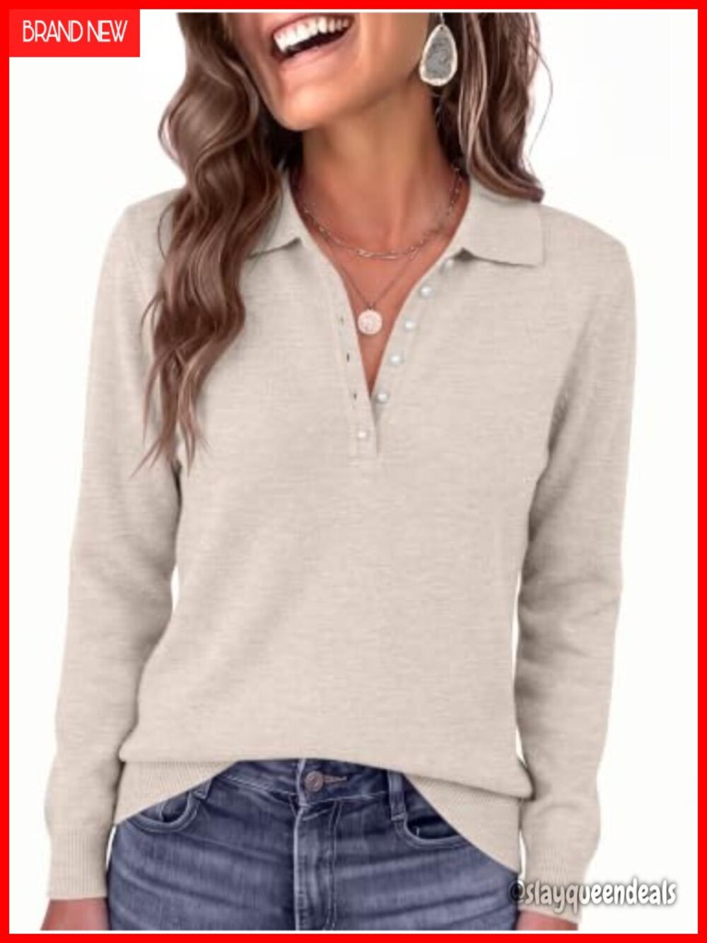 Long Sleeve Polo Sweater Pearl Button Pullover Knit Top